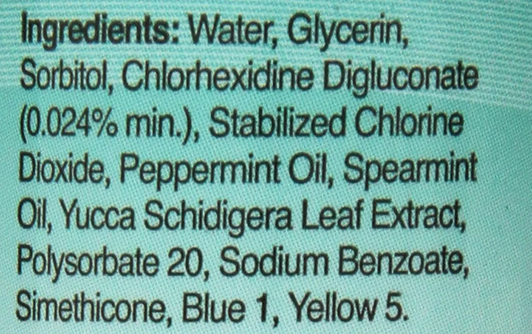 The ingredients list from Nutri Vet Breath Fresh Dental Rinse