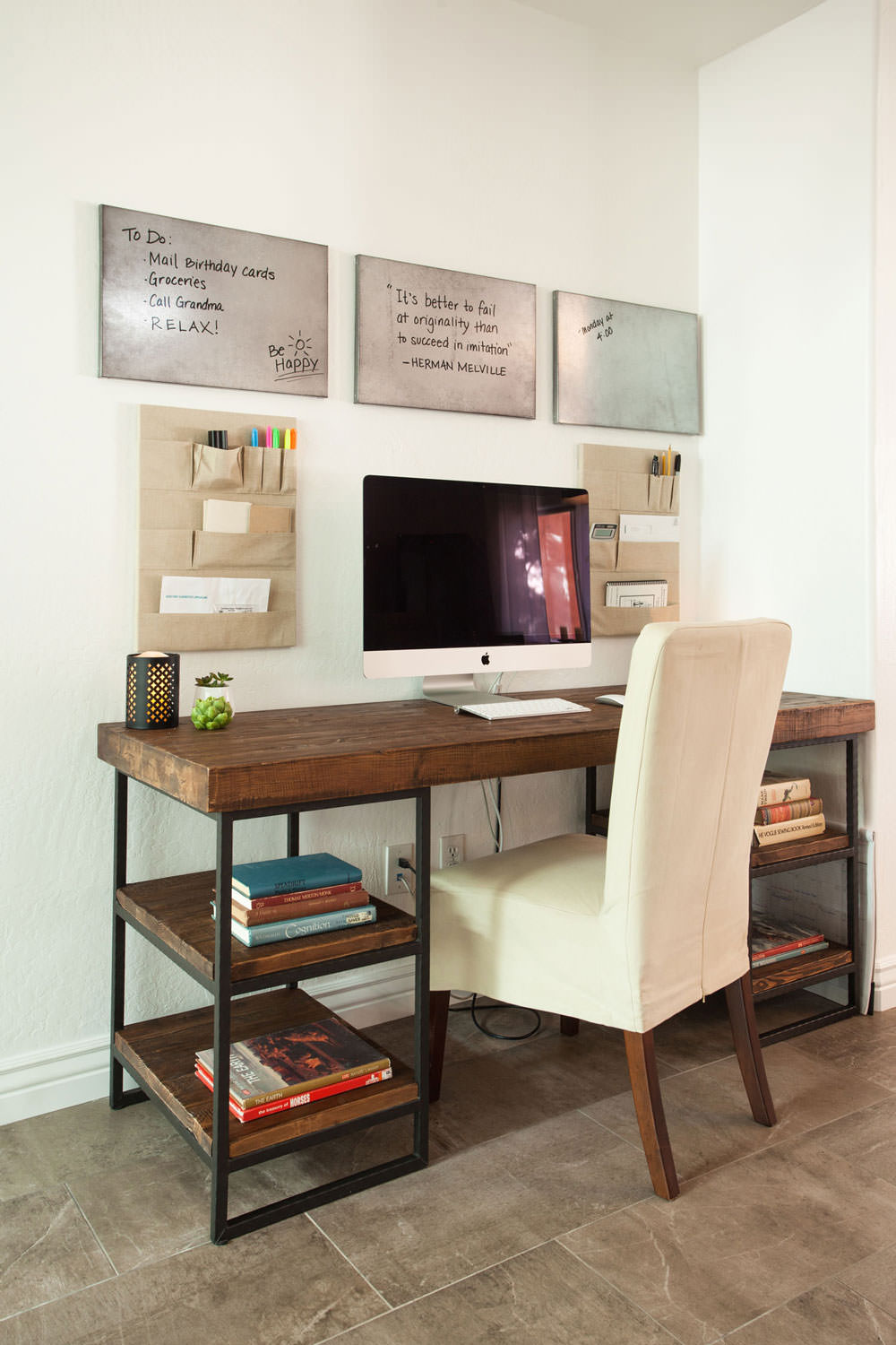Blending wood and metal materials with soft textures creates the perfect spot to catch up on business. Image: James Stewart