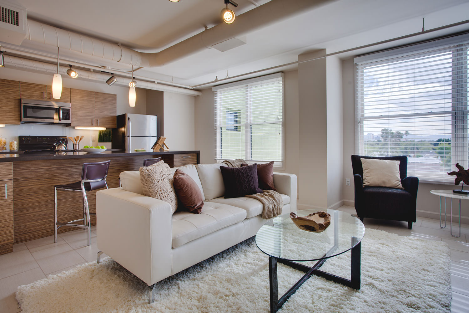 An open floor plan gives you ease when entertaining a large group. With the kitchen open to the living space it gives the room a sense of airiness and continuity that you can feel throughout the loft.