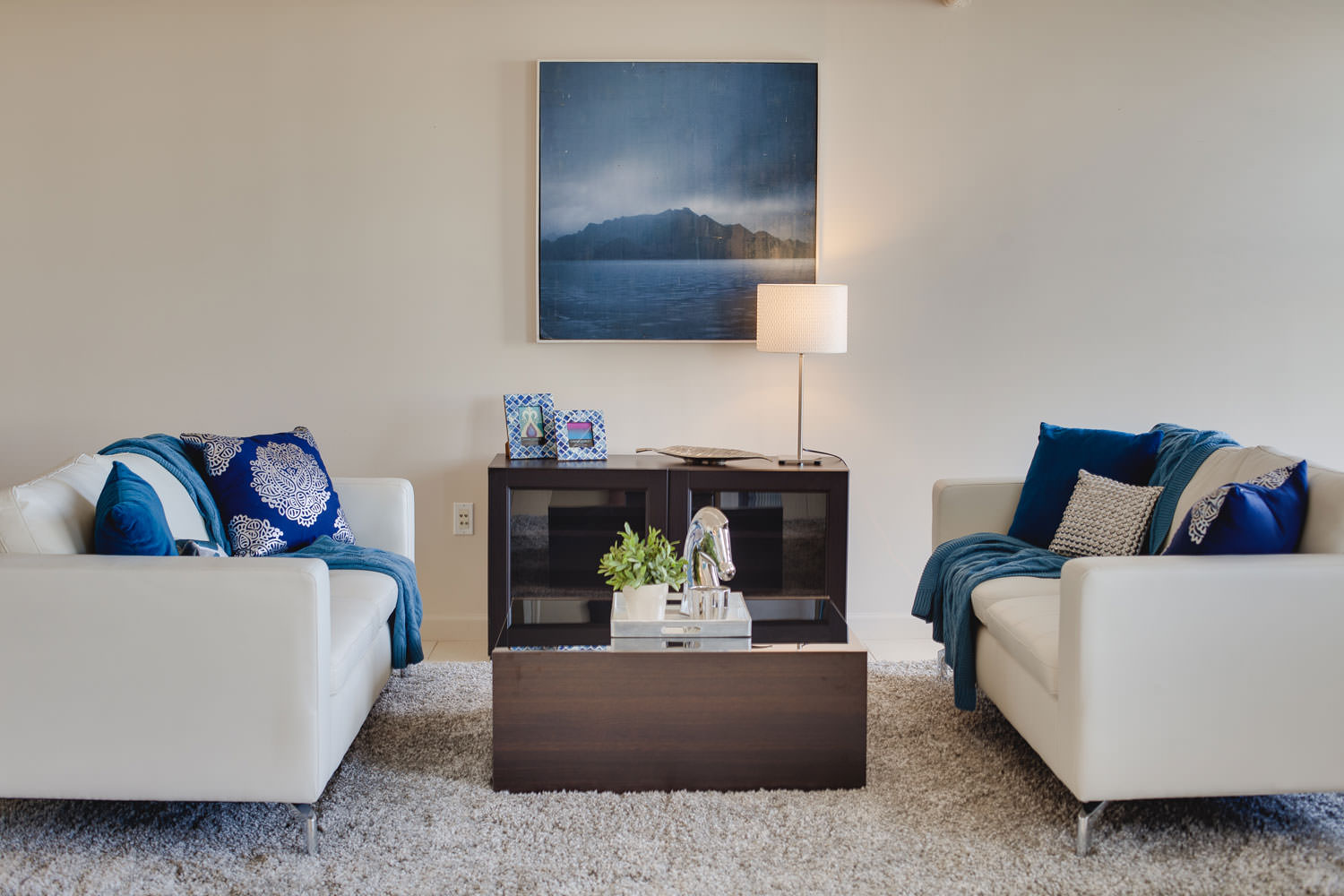 A living space designed after creating conversation. Facing two sofas toward each other gives you a great amount of space to accompany your friends. Using neutrals to keep the space calm and inviting while adding blue accents that give the space personality.