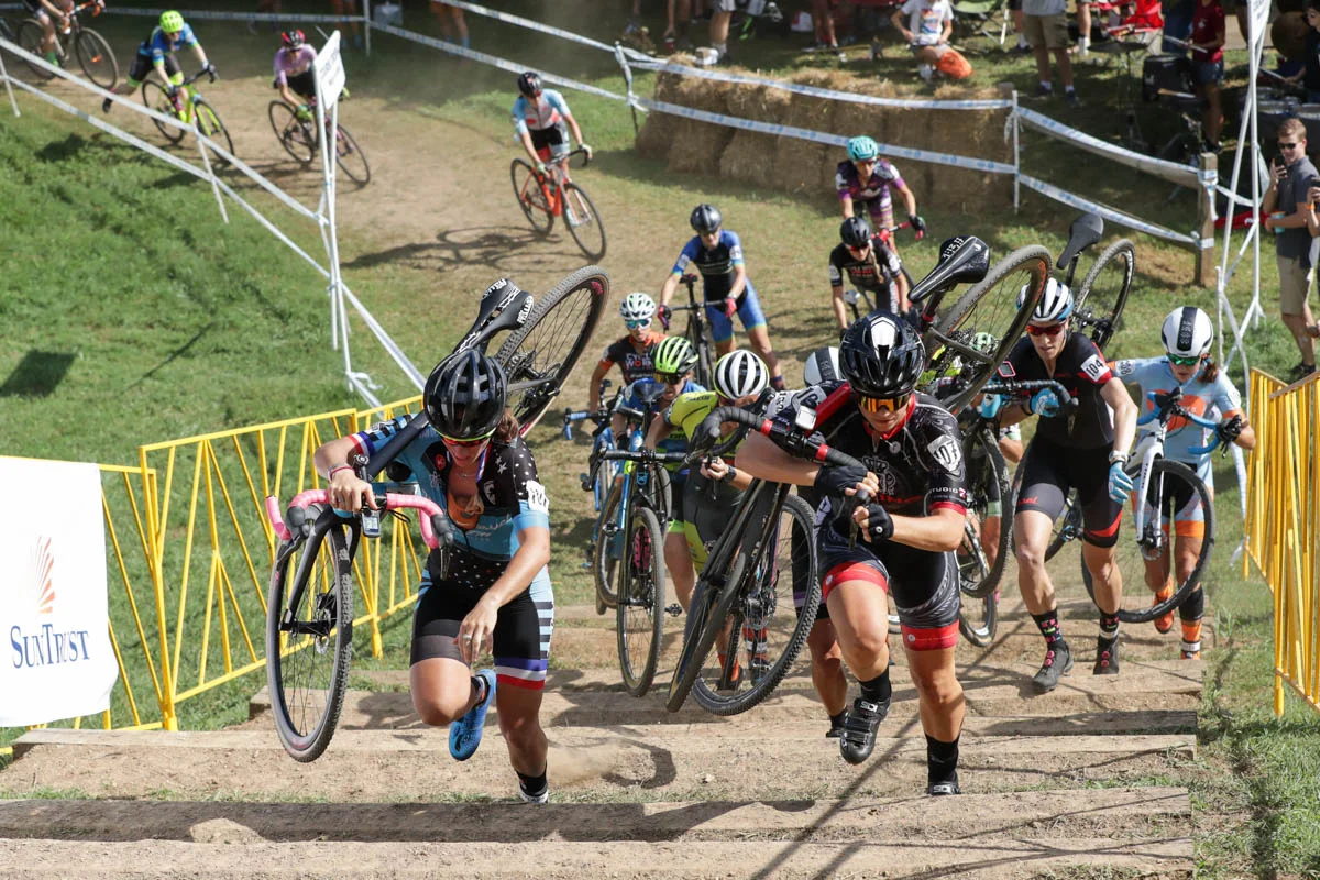 The elite women take on the stairs on Day 2 at the inaugural UCI event.