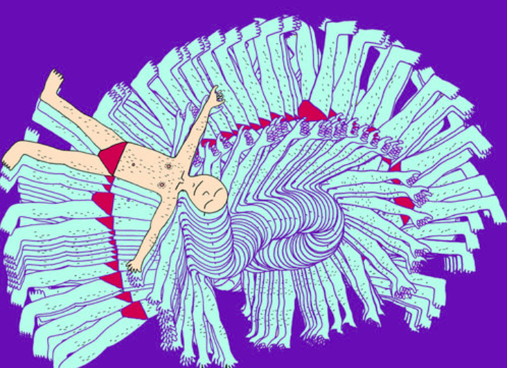 A man floats in ecstasy after entering a brothel filled with strange creatures. From a video Finn made for the band Hopetoun Brown.