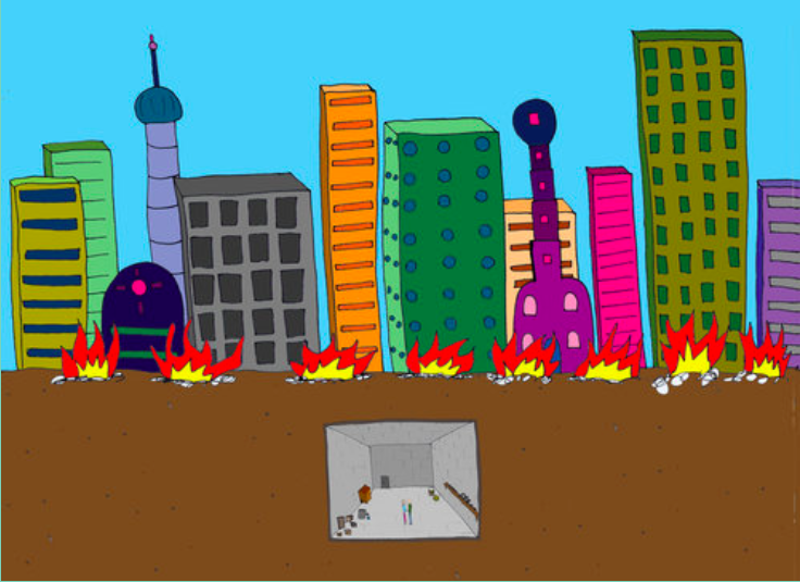Two lovers seek shelter in a bunker during an apocalypse. From the video 'Lovers in an Apocalypse'
