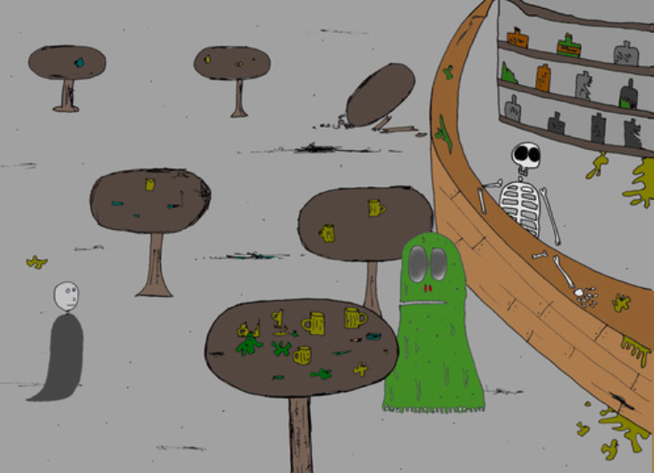 A ghost in a shitty bar meets a blob creature