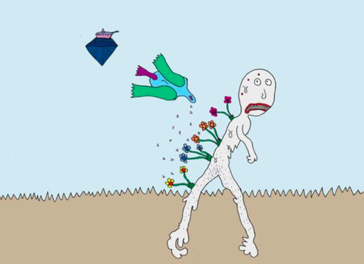 This space ship is terrorising the monster. Causing flowers to grow on his back in an attempt to rid the universe of evil