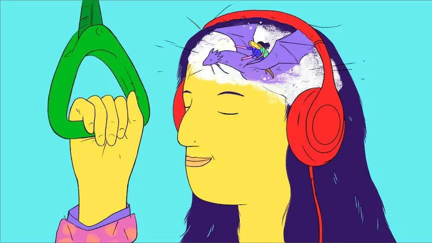 A woman with headphones on is thinking about a fairy flying on a broomstick in a purple and white cloud inside her head.