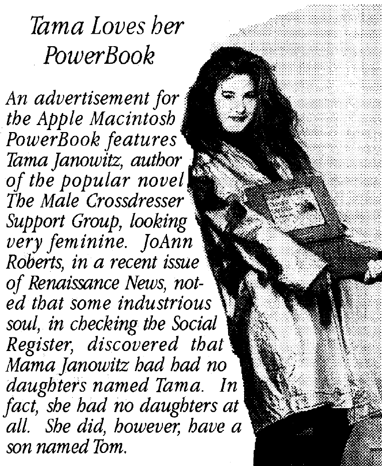 Image: AEGIS Newsletter, Dallas Denny personal archive. NB there is no evidence to suggest that Tama Janowitz is transgender.