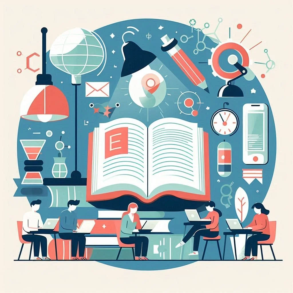 Illustration of students studying with a book, surrounded by science and technology icons like a globe, microscope, clock, and laptop, in a modern flat style.
