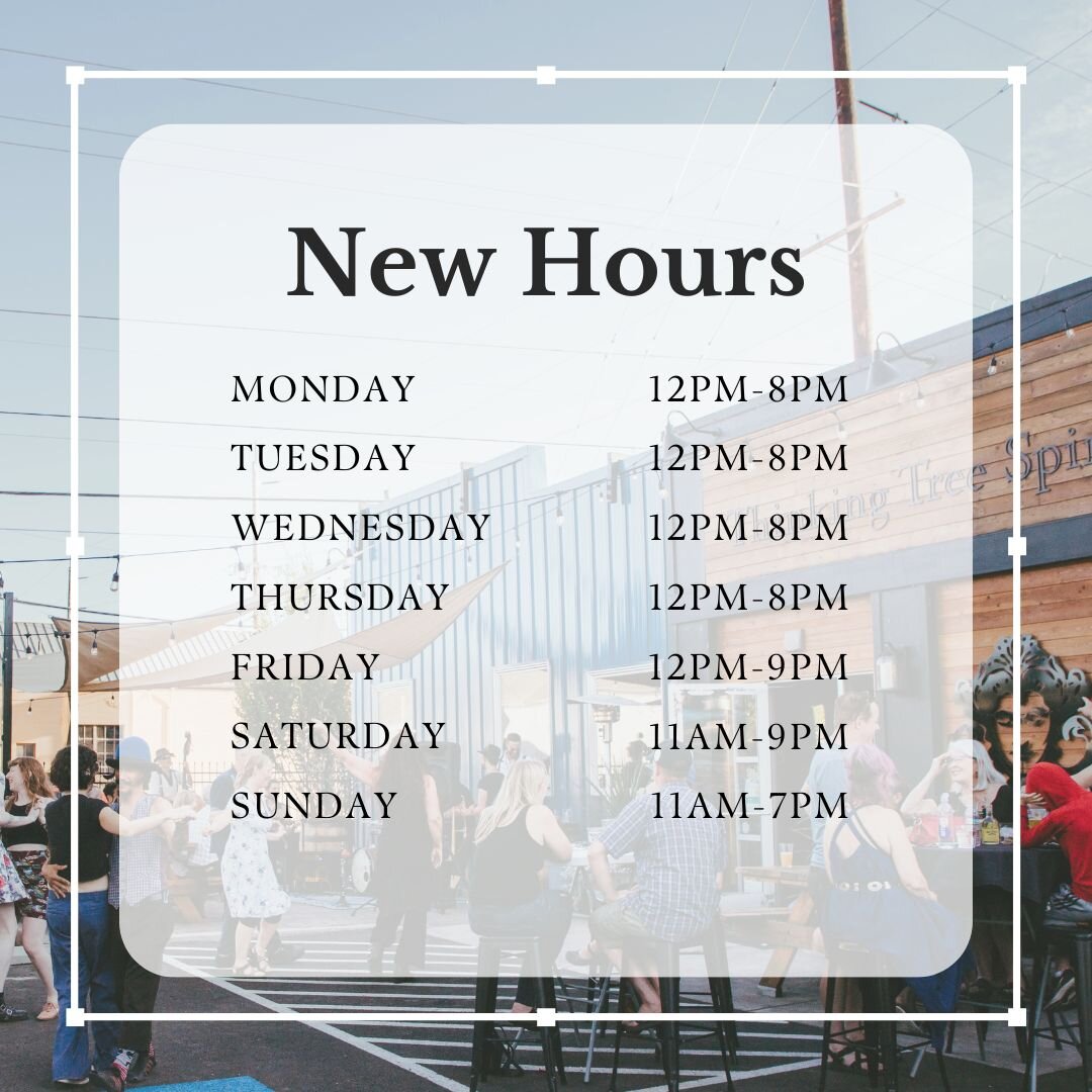 Cheers to the weekend! Starting this Sunday, we've made a few changes to our tasting room hours. Come on by and try our weekly specials while enjoying delicious bites from our food trucks!