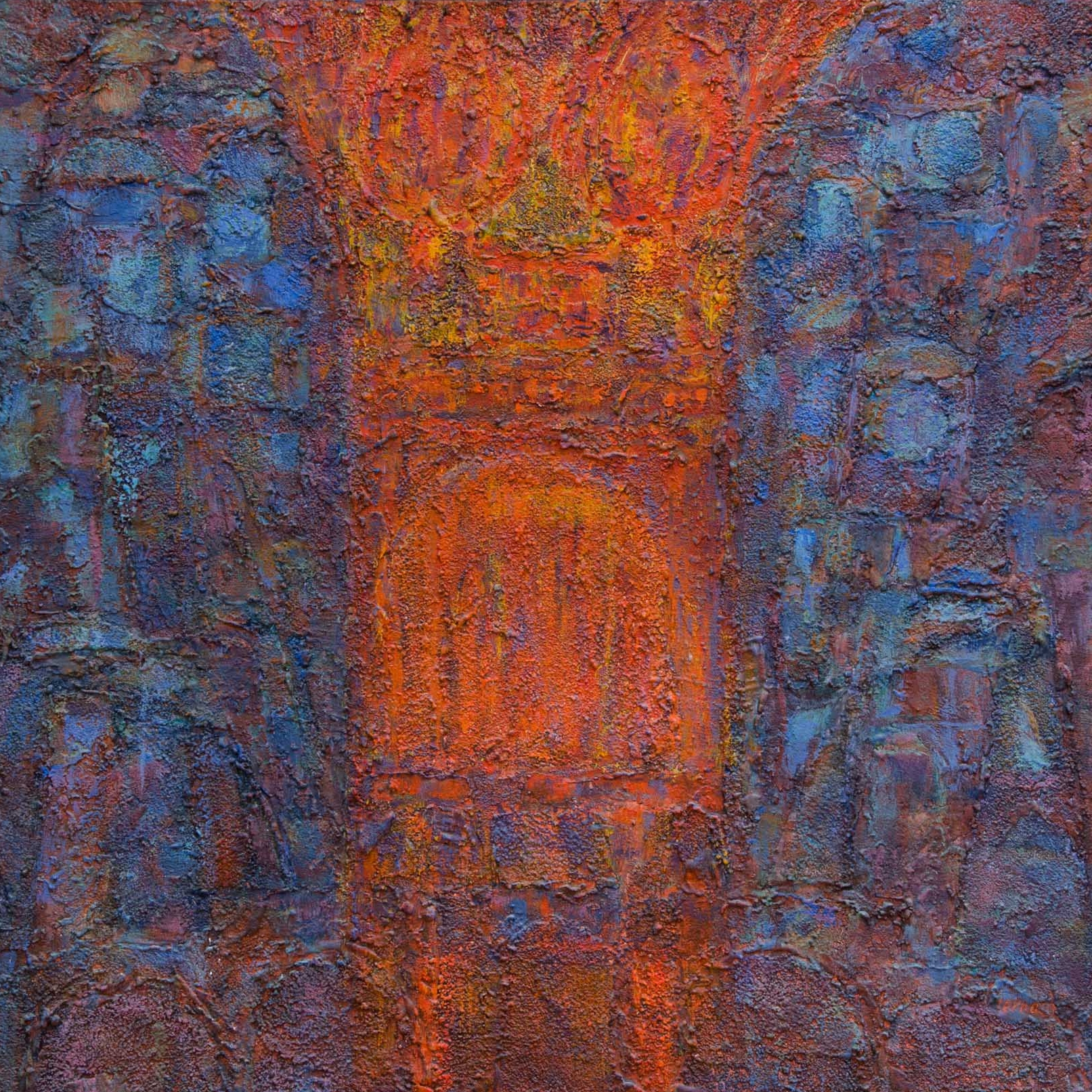   A Column of Fire,  August 1983, Acrylic and aggregate on canvas, 30 x 30 in, Collection of United States Holocaust Memorial Museum 