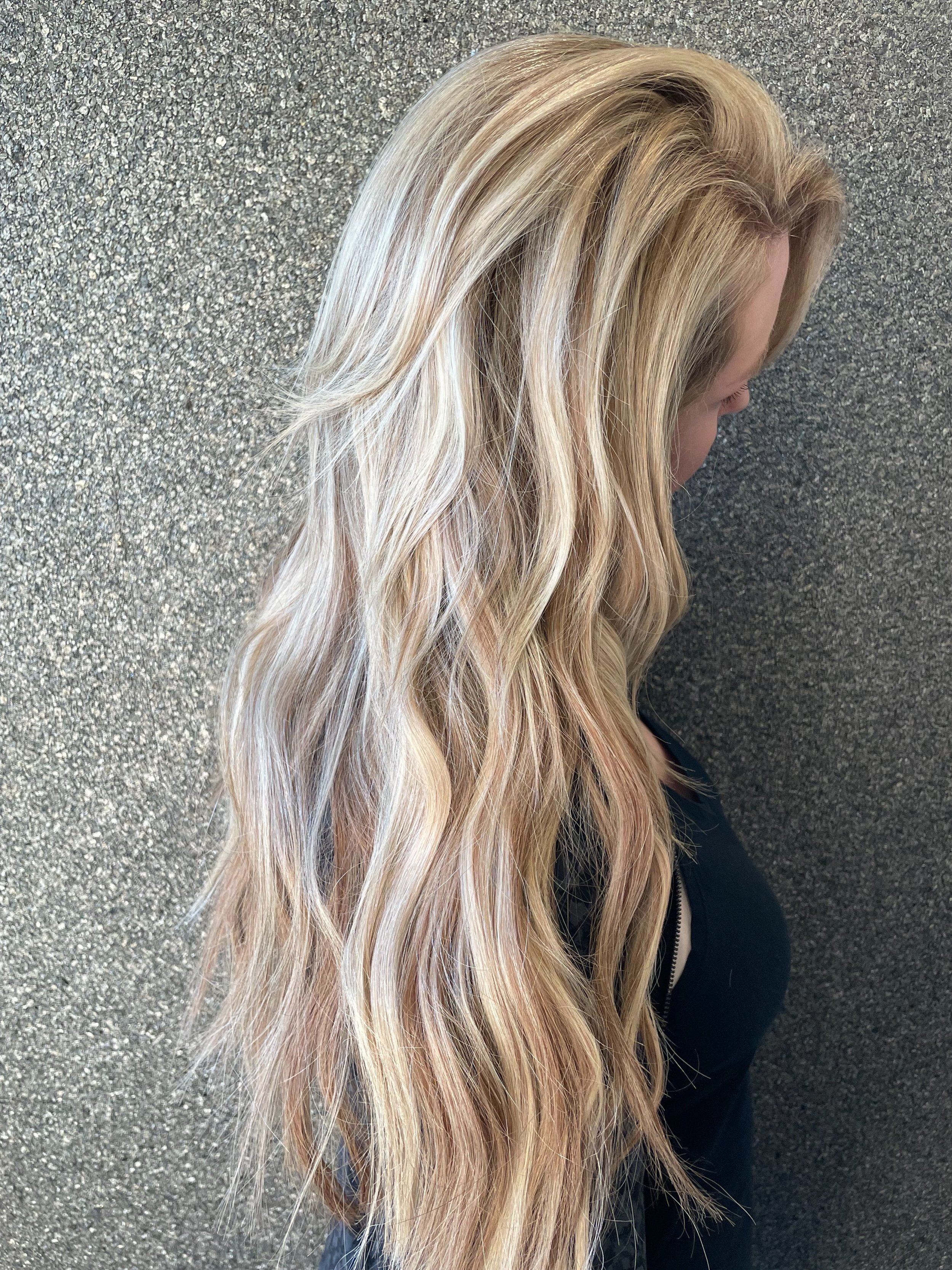 Long blonde highlighted hair by Samantha