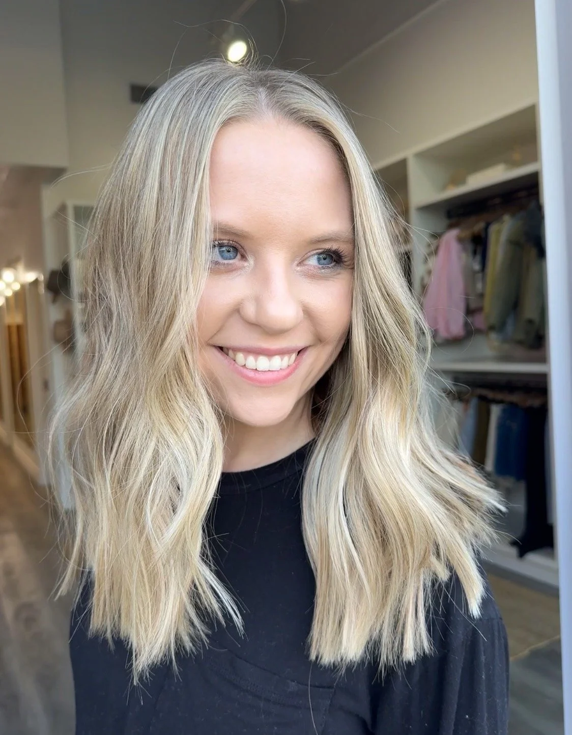   Textured blonde bob with soft waves by Julia McGee at Clementine’s Salon in Arvada, Colorado.    