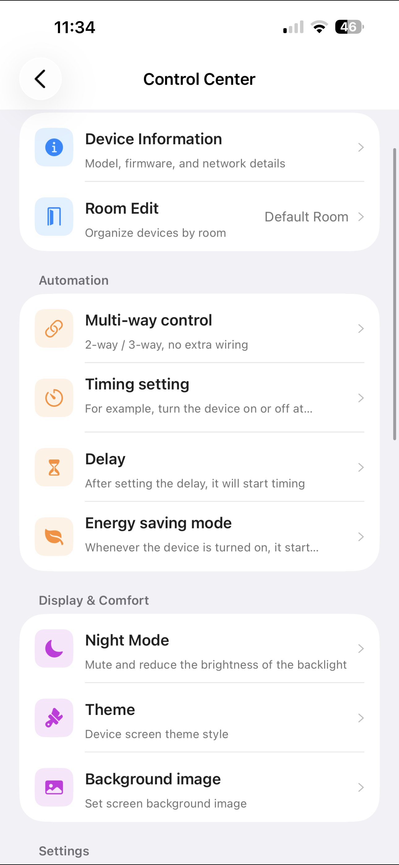 Ctec app control centre showing multi-way control, timers, delay and display settings