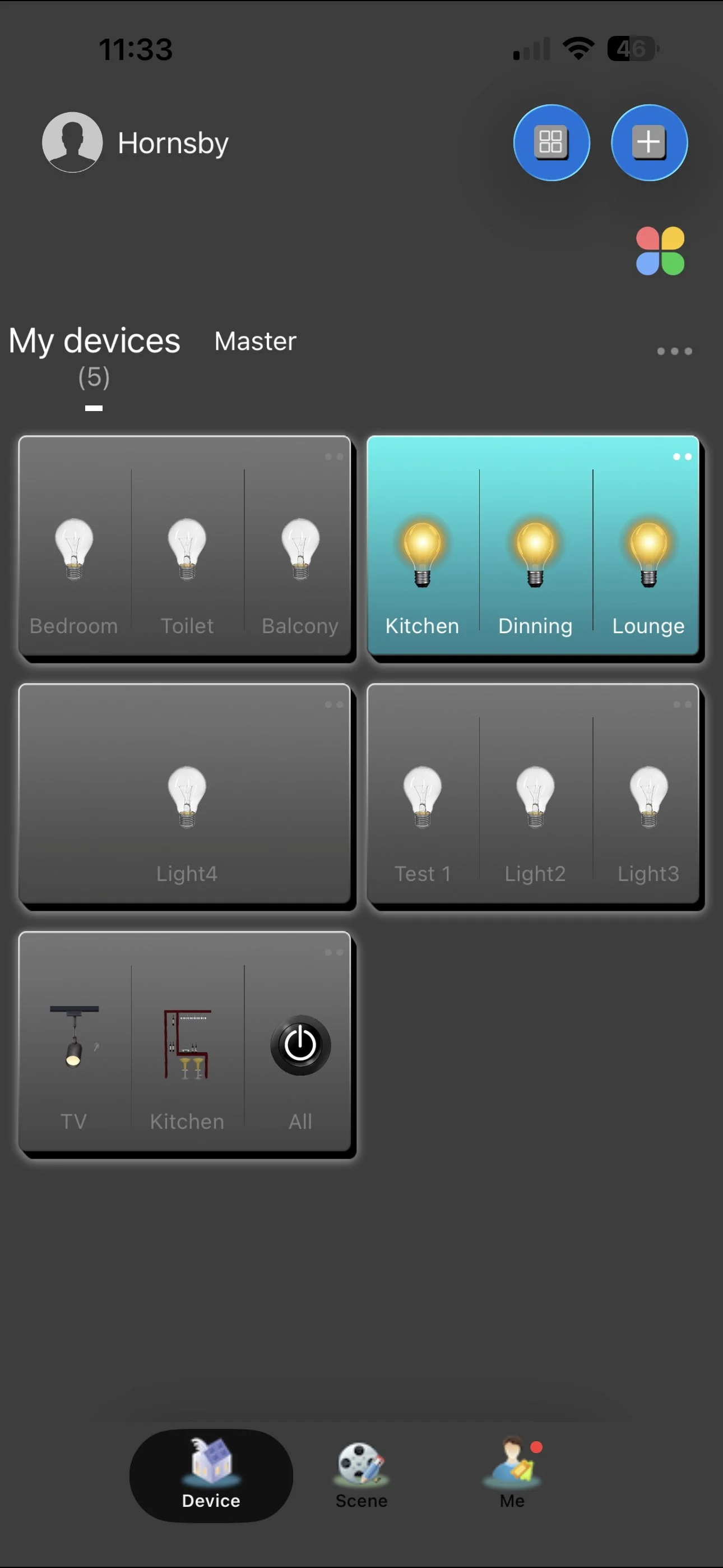 Ctec app device dashboard showing rooms, lighting groups and device controls