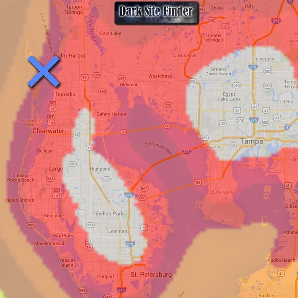The areas highlighted in white are the most light-polluted sections of Tampa Bay. The blue X is where I took the images. Source: Dark Site Finder