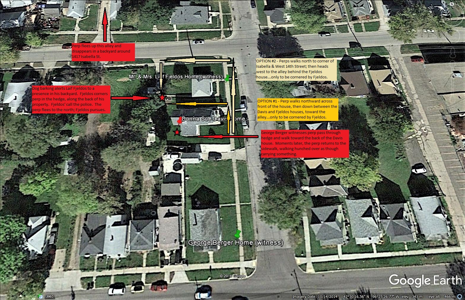 Donna Sue Davis' neighborhood with text overlays explaining the possible routes leading to Laif Fjldos' backyard.