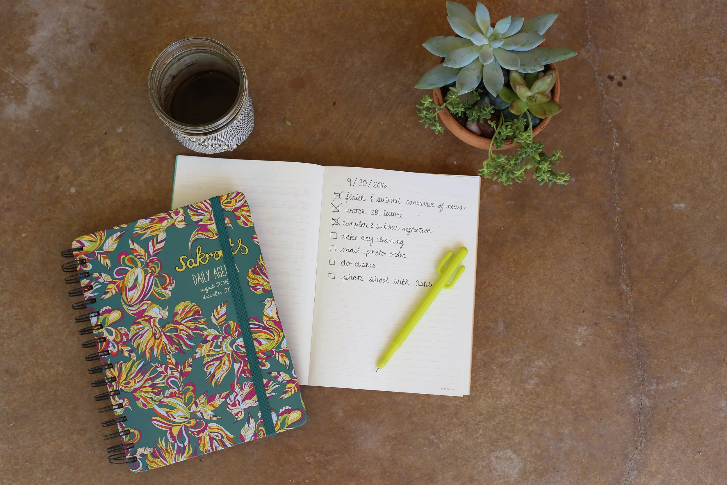 Daily Agenda from Texas A&M Book Store | Recycled Paper Notebook from Target | Cactus Pen from Lolli and Dauts in Round Top, TX | Mason Jar Coffee Mug & Leather Koozie from Bella's in Somerset, PA 