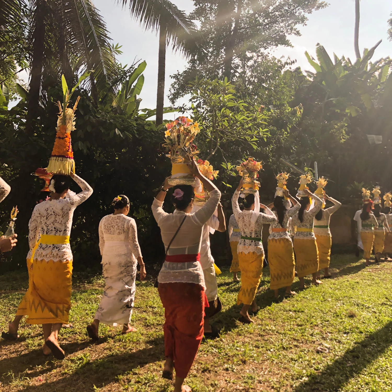 A Balinese Ceremony procession. The women are carrying fruits, flowers, and offerings on their heads during this procession.