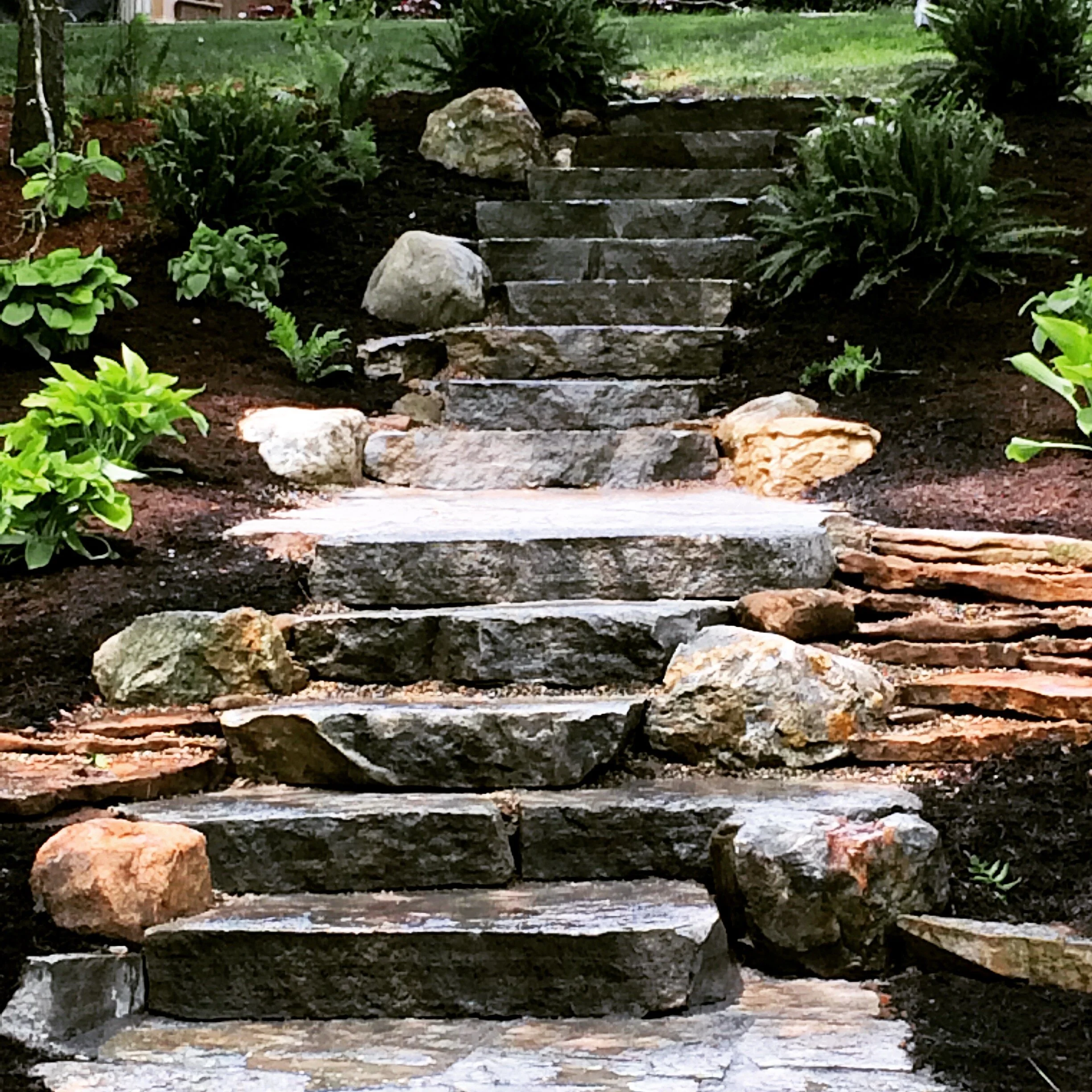 Stone garden steps with surrounding green plants and rocks