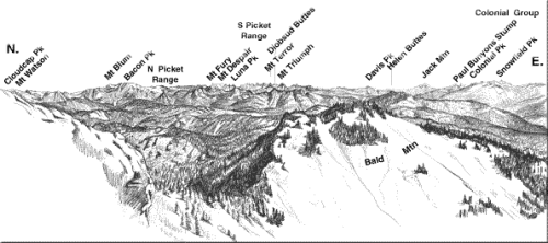 Some of the mounta ins that can be seen from the summit. Photo courtesy of USGS .
