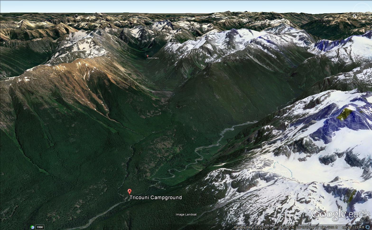 Cosho campground is the tiny red dot in the small valley above Tricouni.
