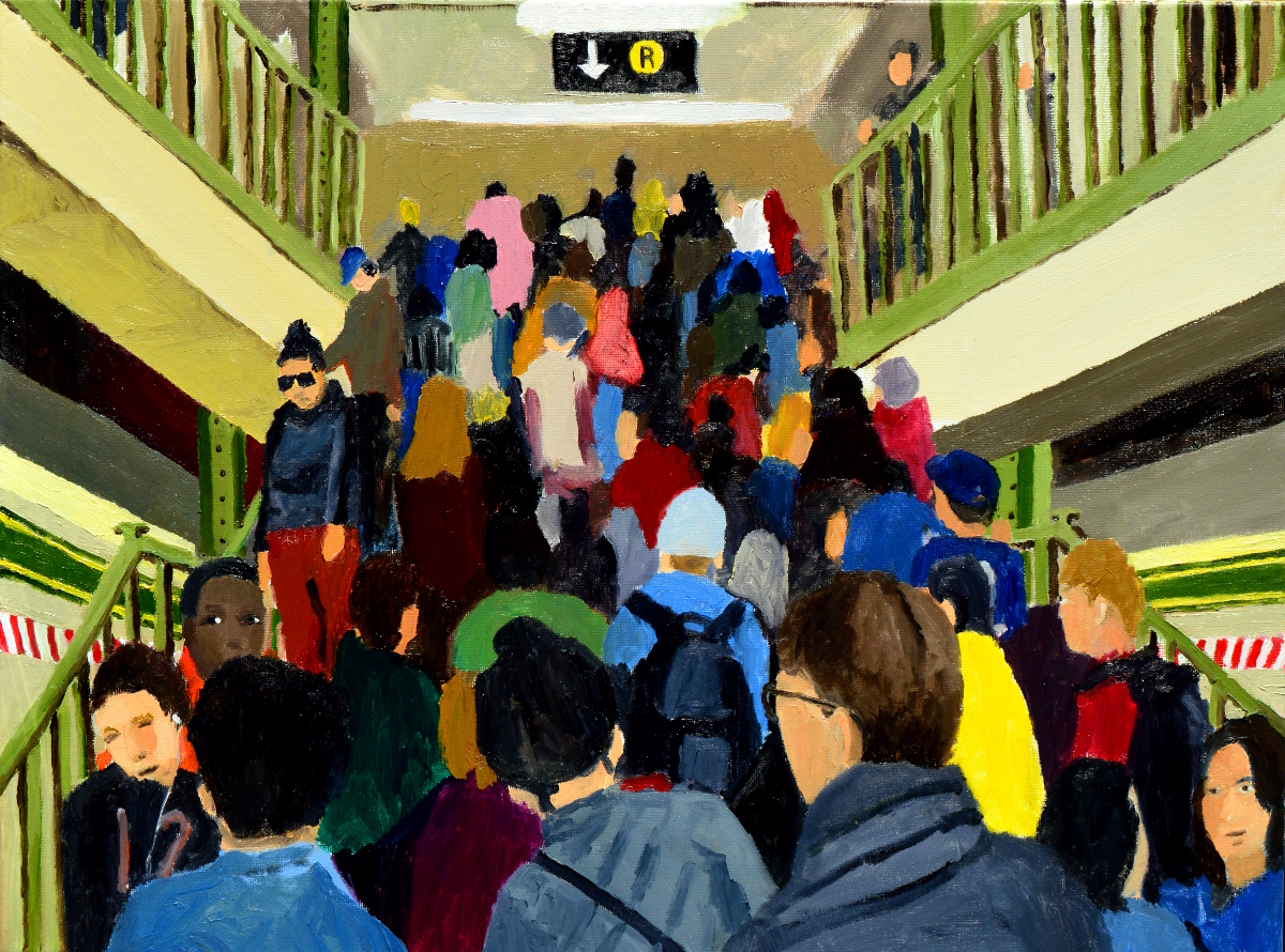 Ascending Subway Stairs, oil on canvas, 18 by 24 inches, 2016.