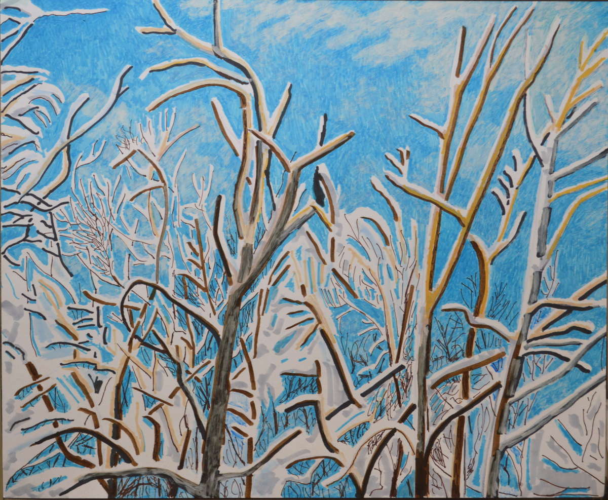 Snowy Trees, markers on paper, 14 by 17 inches.
