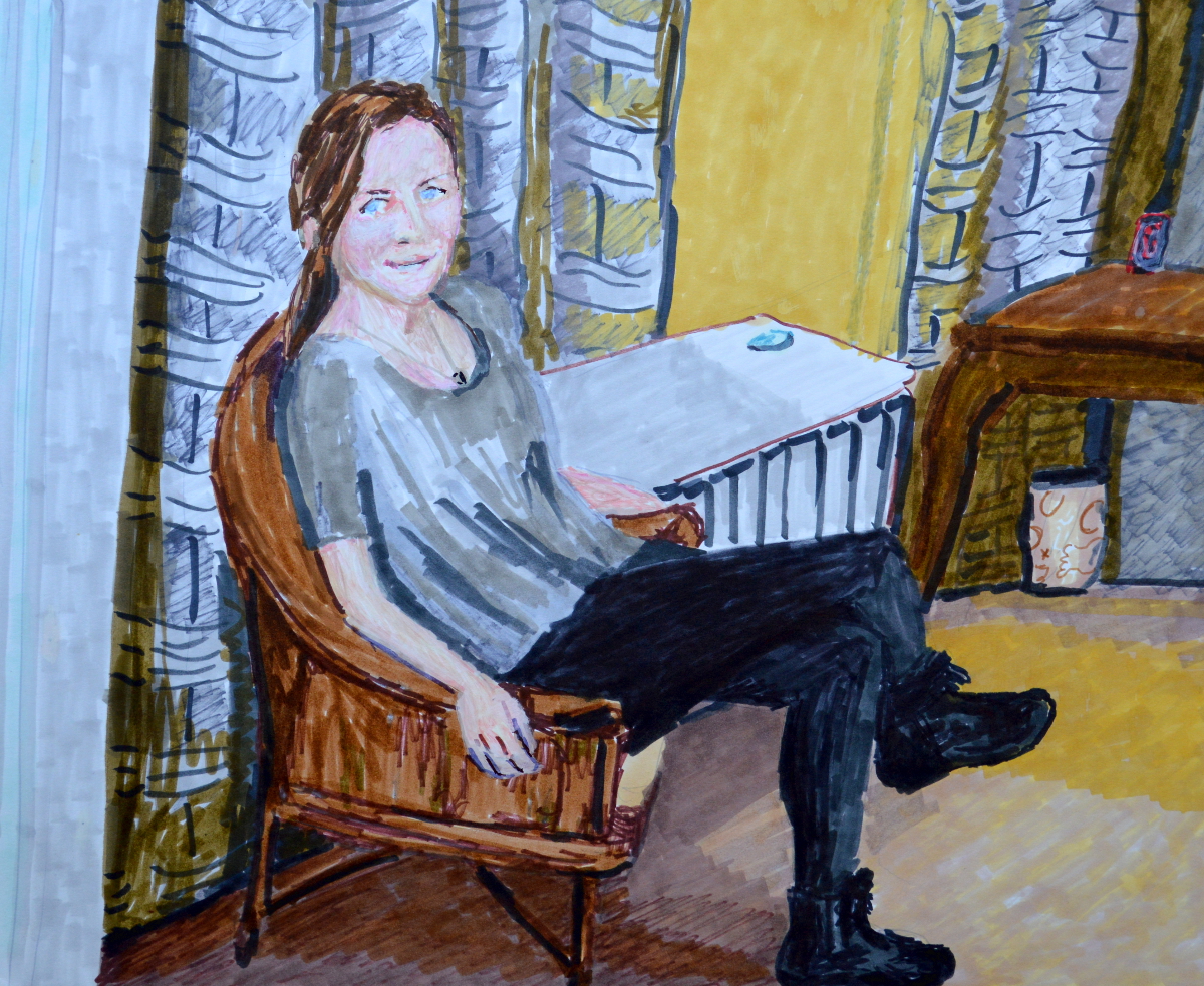 Jennifer at Post Cottage, Catskill, NY, marker on paper, 14 by 17 inches.
