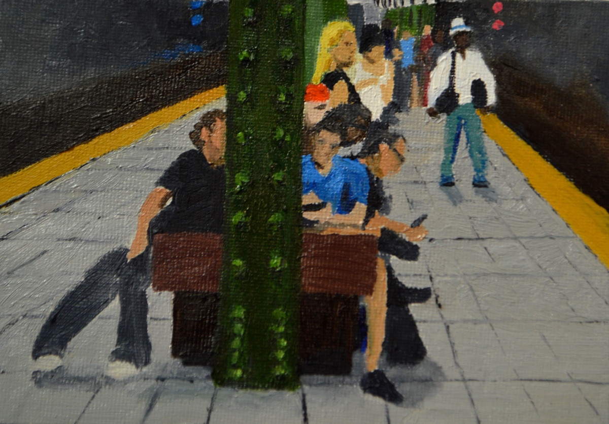 "Connected Exchange", oil on board, 5 by 7 inches.