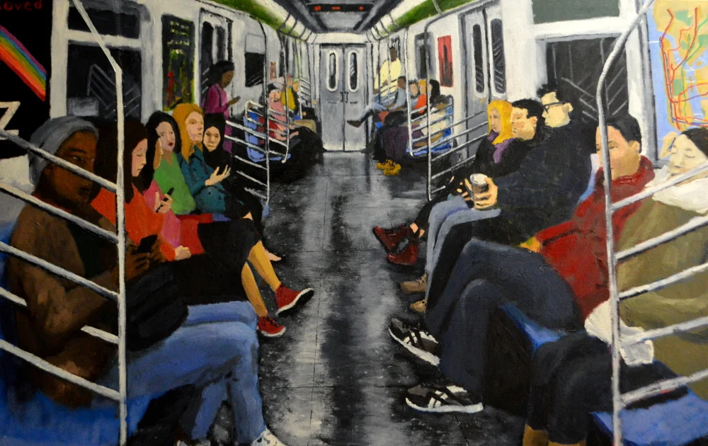 "Subway Riders", oil on canvas, 35 by 55 inches, 2017.