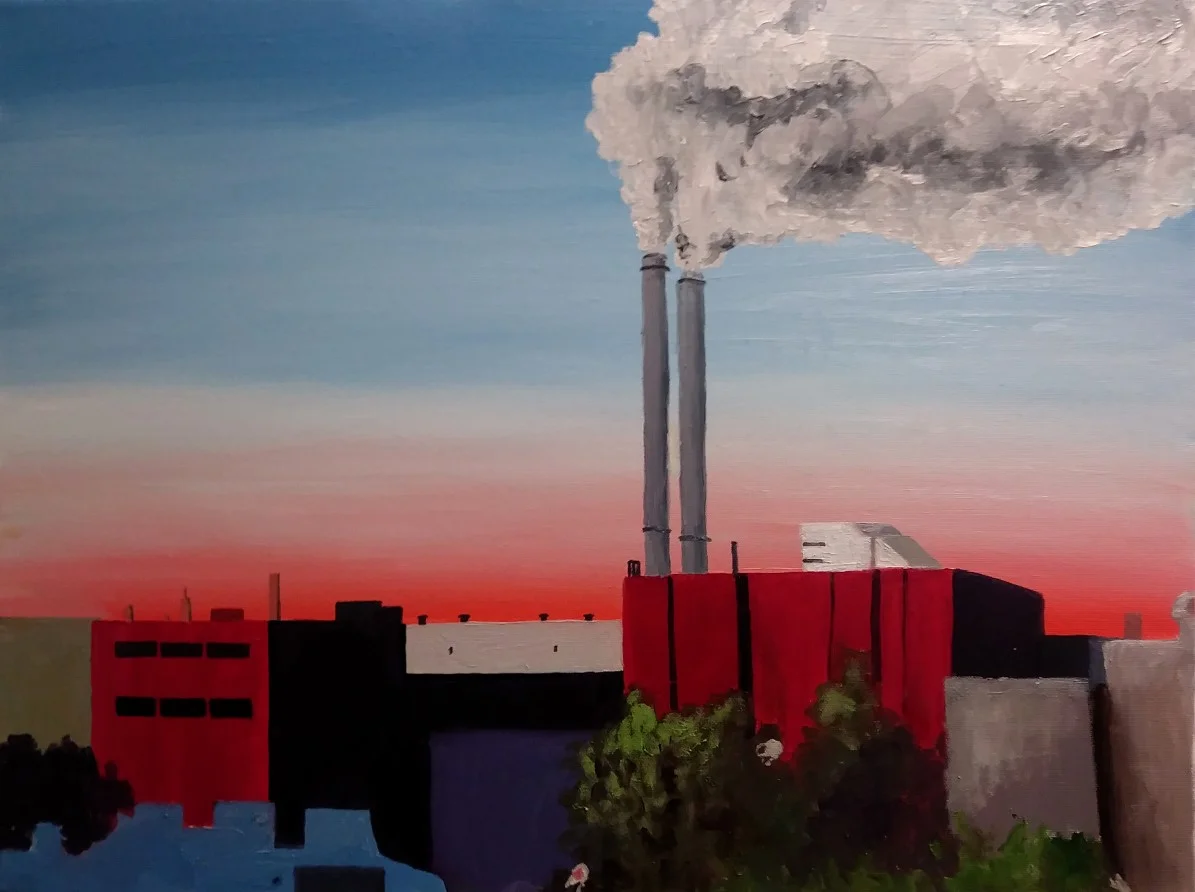 "Smoke Stacks", oil on canvas, 20 by 30 inches, 2018.