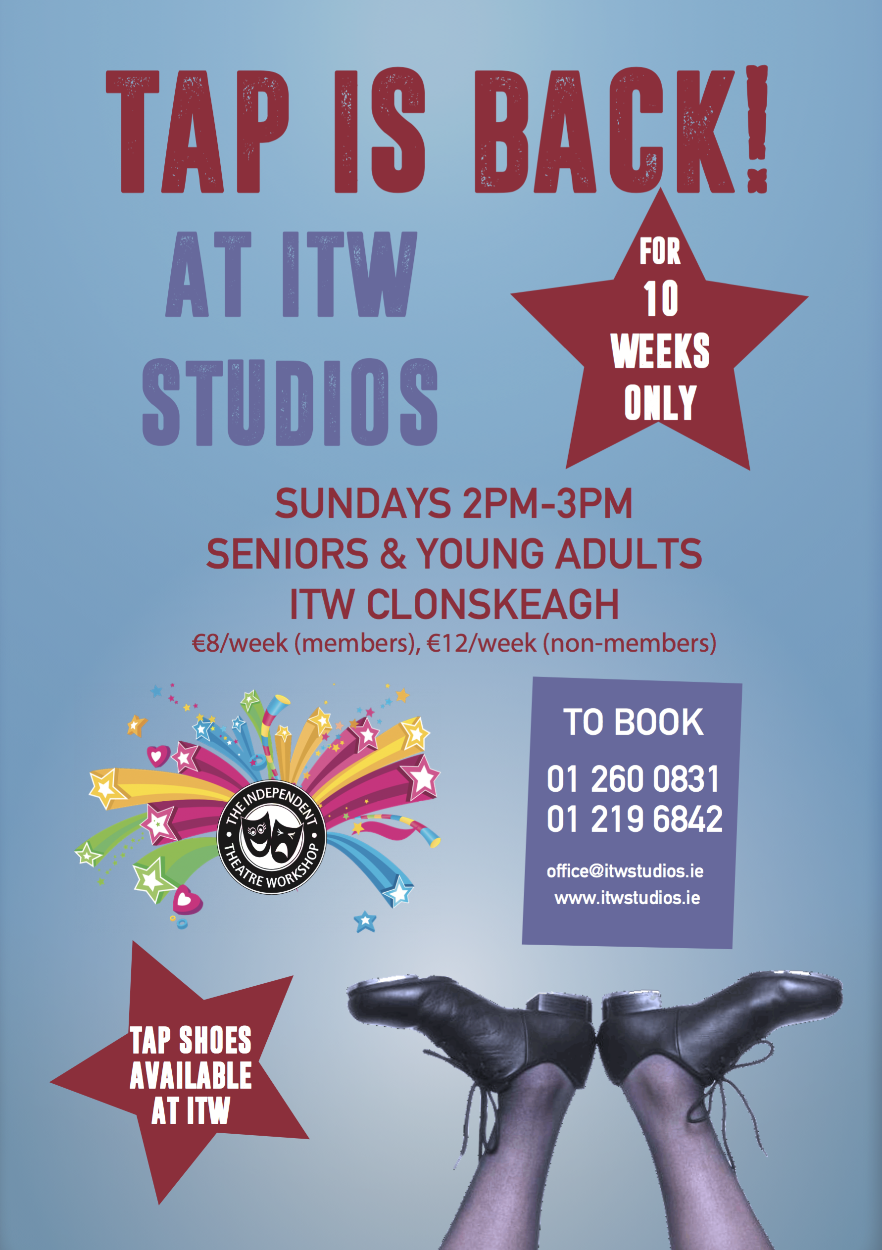 Book in now for TAP in Term 3! A 9 week Tap class for Seniors and Young Adults begins on Sunday 26th February! ITW has shoes for you to borrow, and it's being offered at a discounted rate for the 9 week term. Try it out, bring a friend, but book in quickly as the class is subject to minimum and maximum numbers.