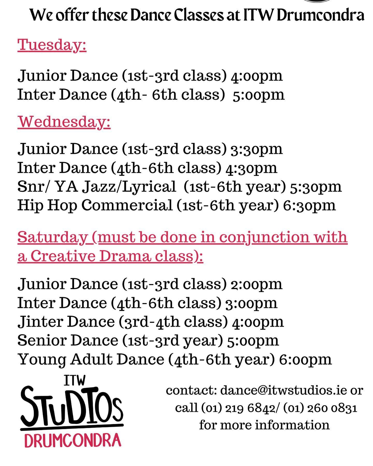 We have lots of Dance Classes available in ITW Clonskeagh and Drumcondra- contact us for more information 💖 #itwstudios #jazz #lyrical #hiphop #musicaltheatre #ballet #danceclassesforkids #danceclassesdublin #perform