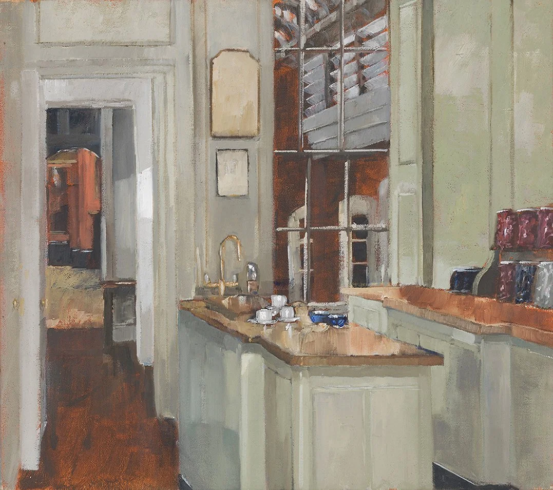 Afternoon at the Art Workers' Guild (2025, oil on linen, 16x18". Exhibited and sold 'Falling Light' Town House Spitalfields.)