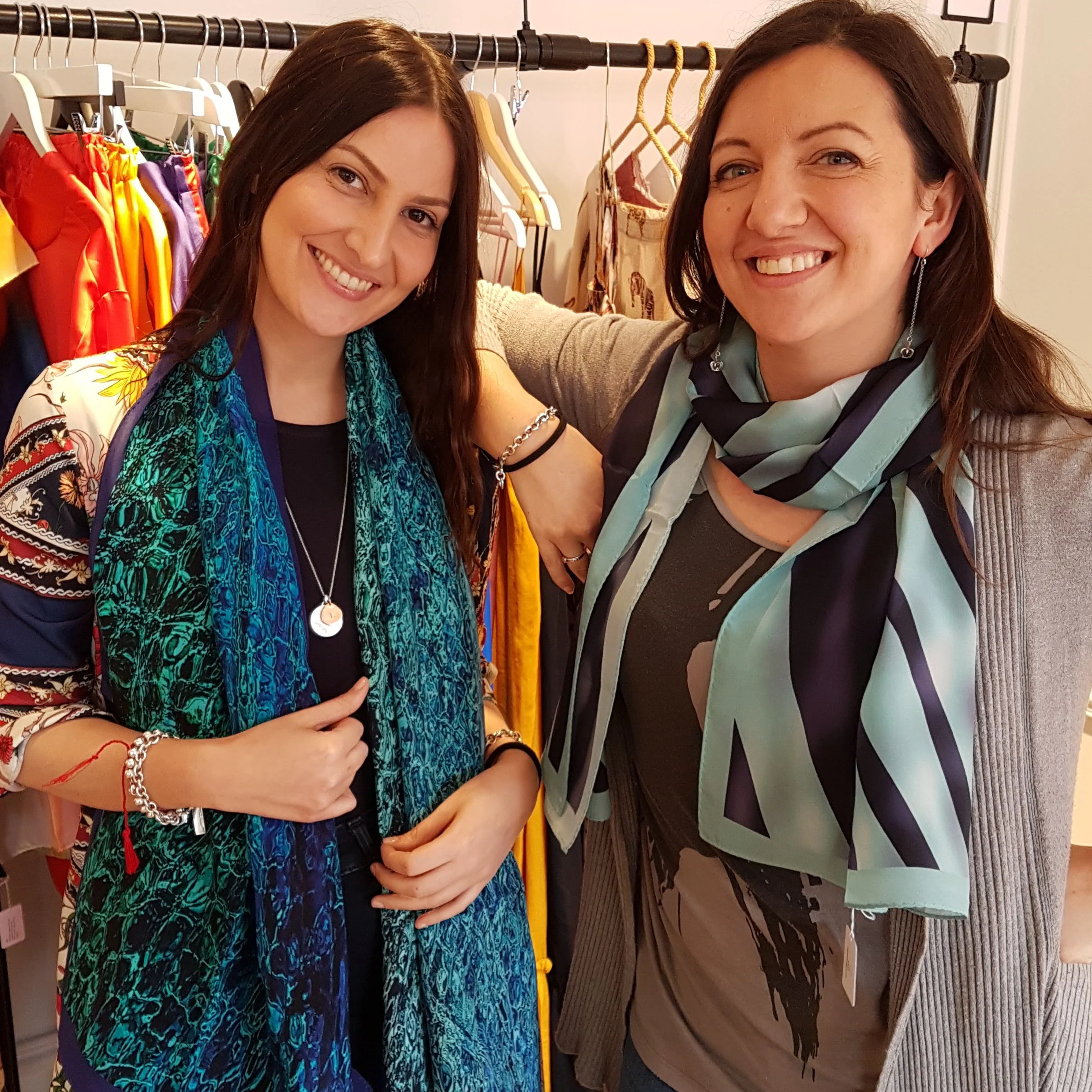Our friends Leila and Paola from the wonderful multi-brand shop B-Collect in Notting Hill, with our Sicily and Nastri scarves.