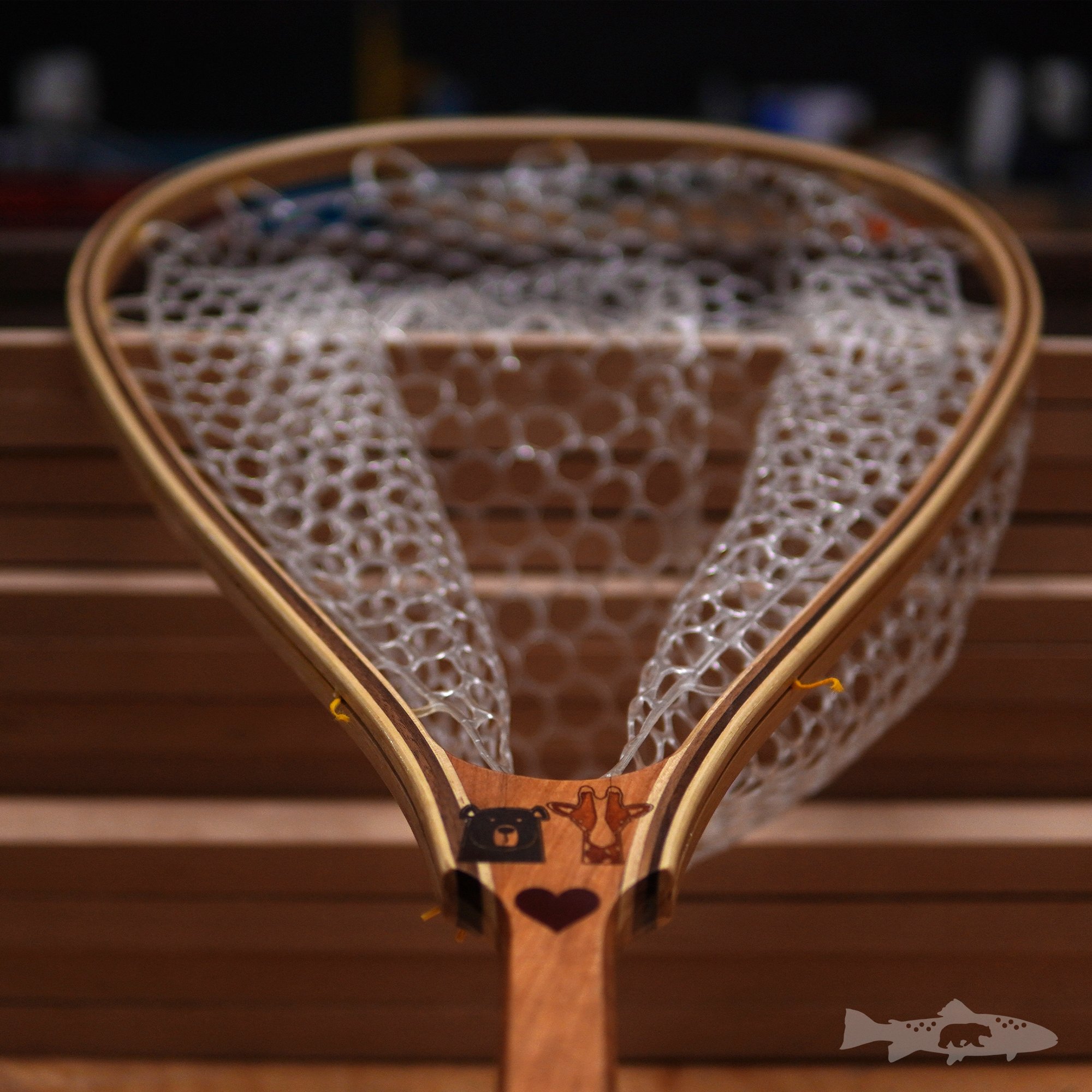 large fly fishing net with object inlayed into handle. These are  handcrafted wood landing nets. Wood Fly Fishing net - Handcrafted Custom Fly  Fishing net made in the USA