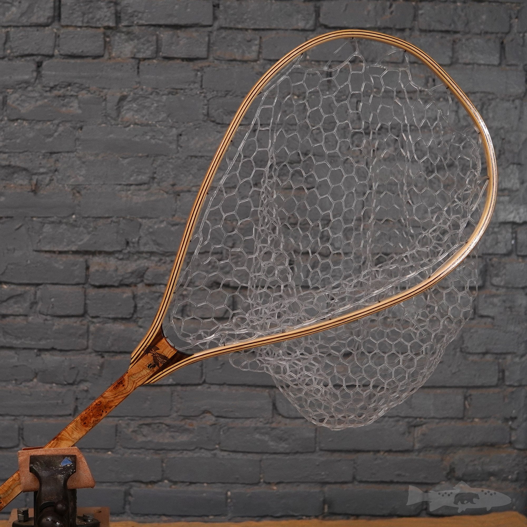 large fly fishing net with object inlayed into handle. These are  handcrafted wood landing nets. Wood Fly Fishing net - Handcrafted Custom  Fly Fishing