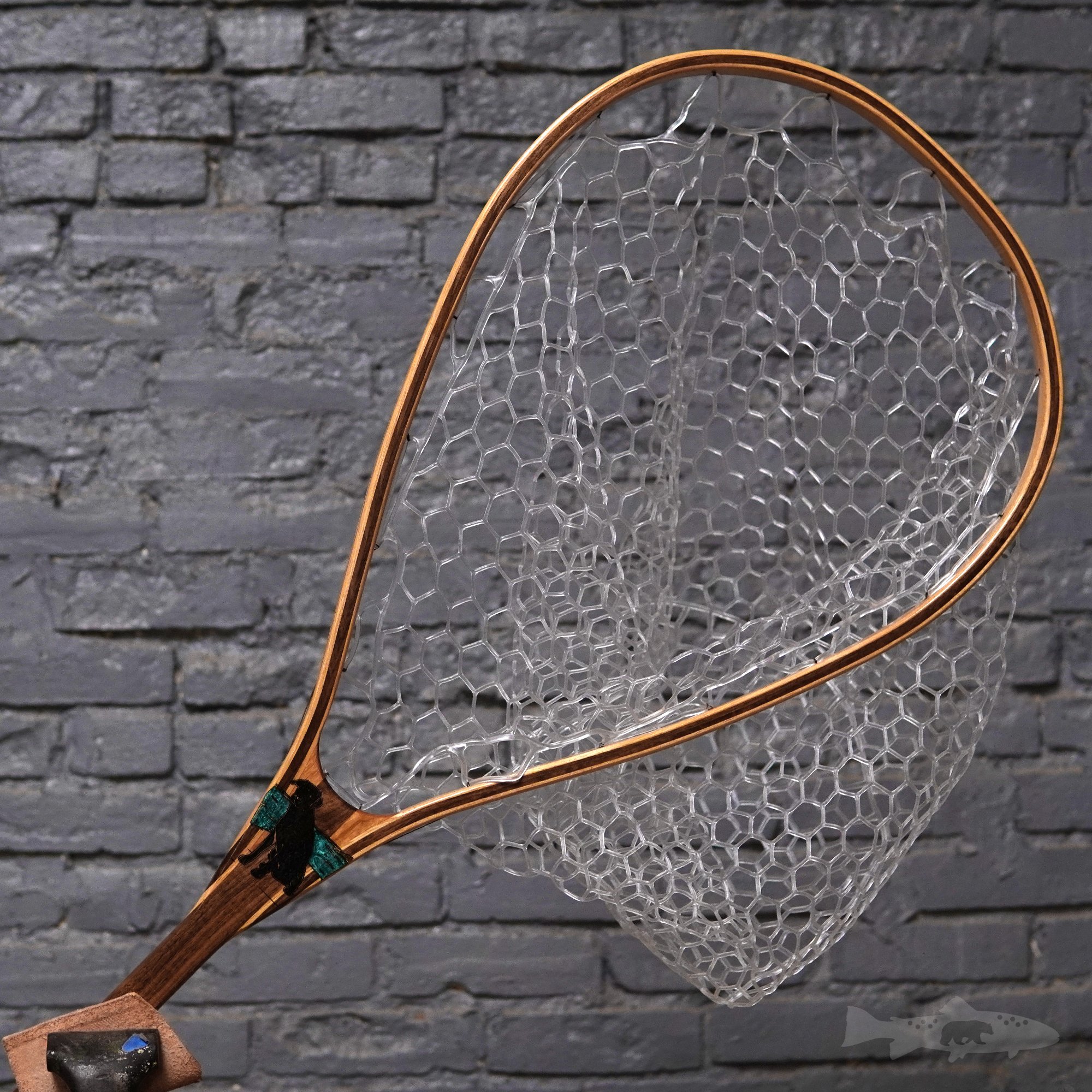 large fly fishing net with object inlayed into handle. These are  handcrafted wood landing nets. Wood Fly Fishing net - Handcrafted Custom  Fly Fishing
