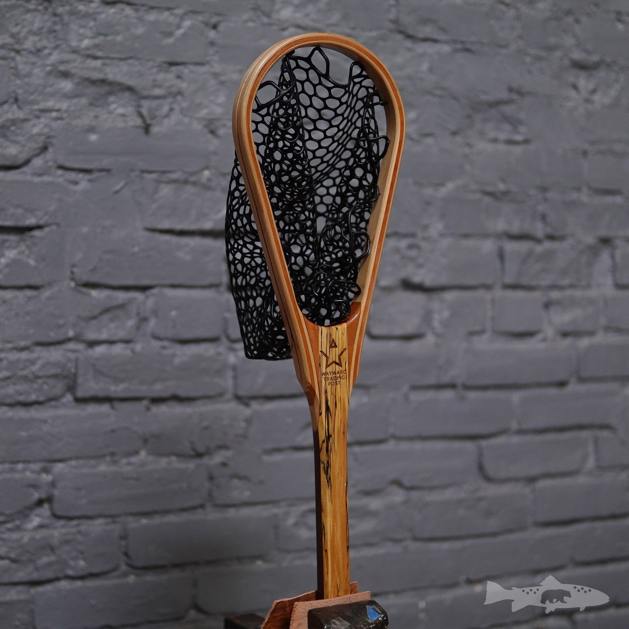 large fly fishing net with object inlayed into handle. These are  handcrafted wood landing nets. Wood Fly Fishing net - Handcrafted Custom  Fly Fishing net made in the USA