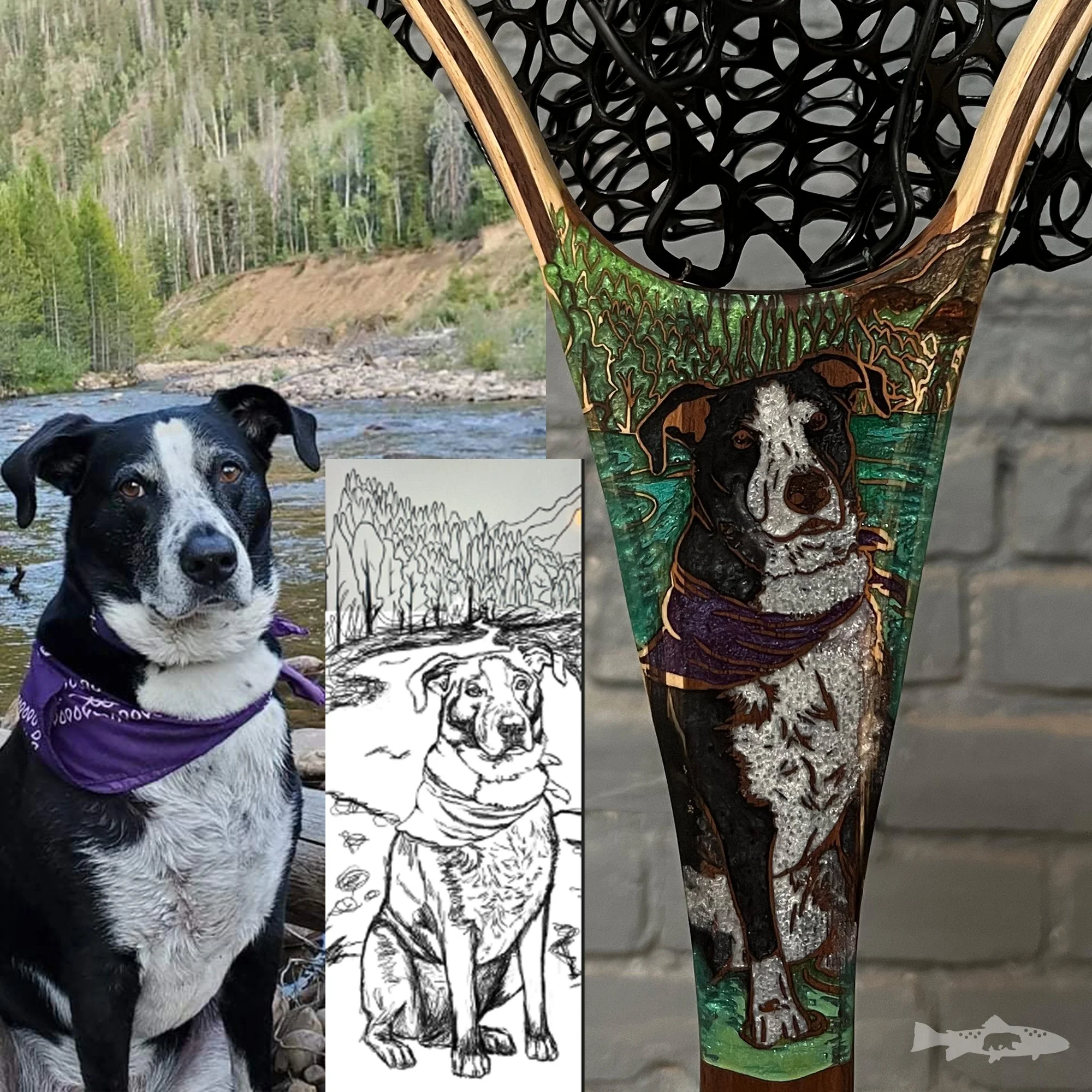 Custom Wood Fly Fishing Net with a Dog Epoxy Inlay Wood Fly Fishing net