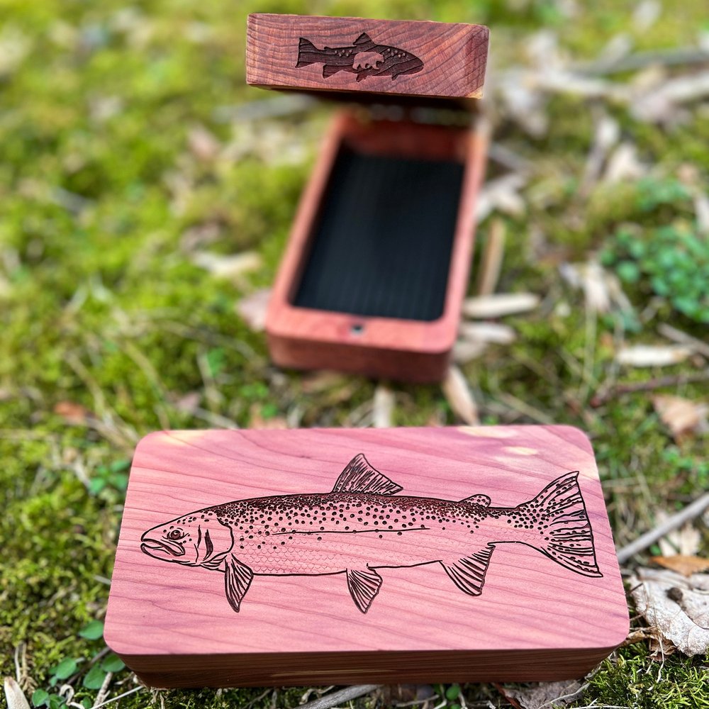 Stealhead Trout Engraved Clamshell Wooden Fly Box Wood Fly Fishing net -  Handcrafted Custom Fly Fishing net made in the USA