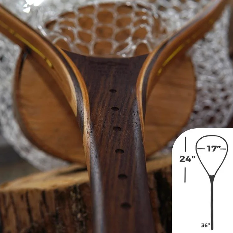 Wayward Makes handcrafted wood landing nets. This is the Ruler Engraved  Boat Net Wood Fly Fishing net - Handcrafted Custom Fly Fishing net made in  the USA