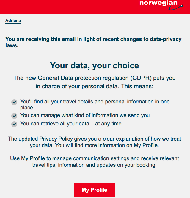  GDPR email marketing example from Norwegian Airlines .