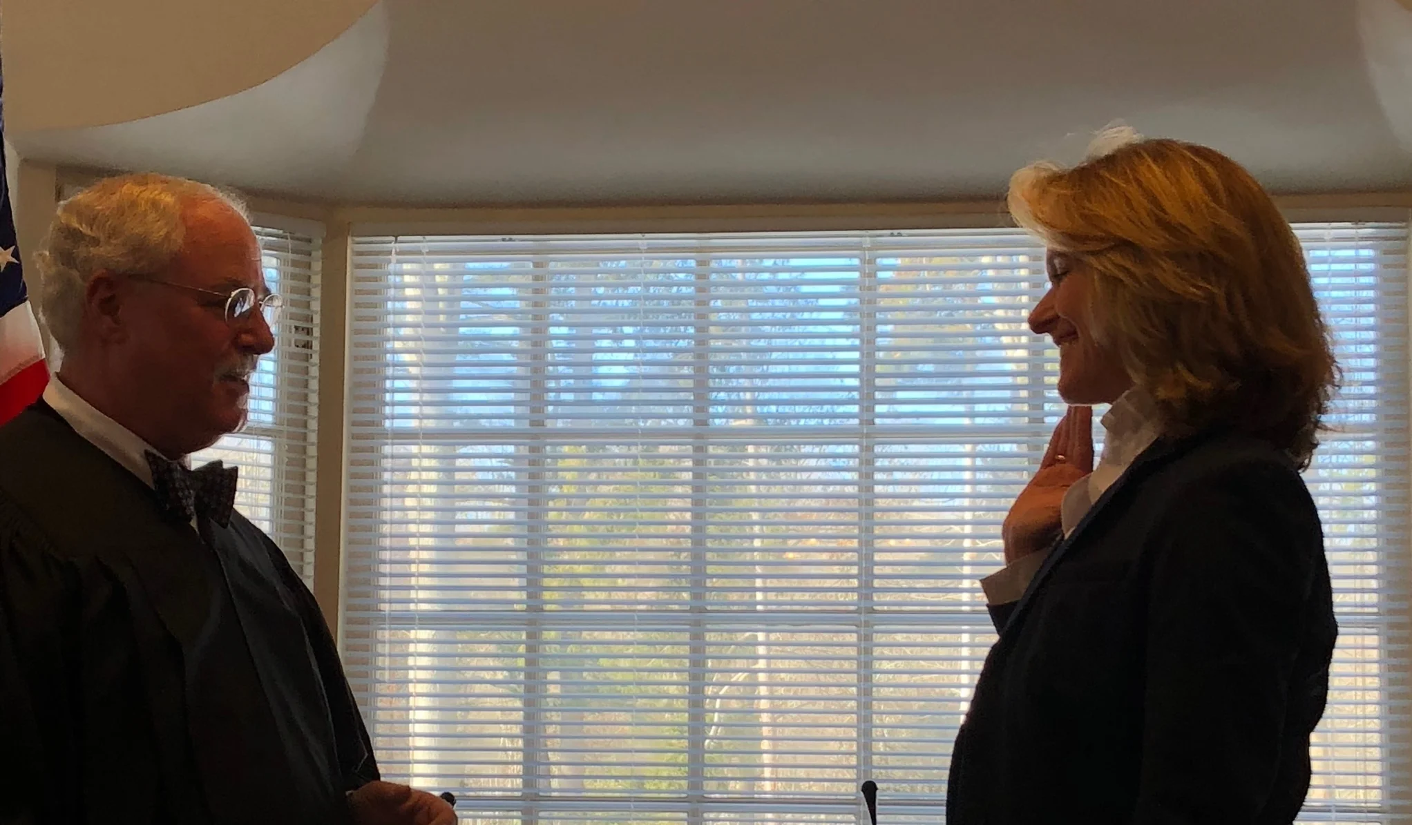 Town Justice Ira Clair swears in Diane Briggs as a Town Board member.