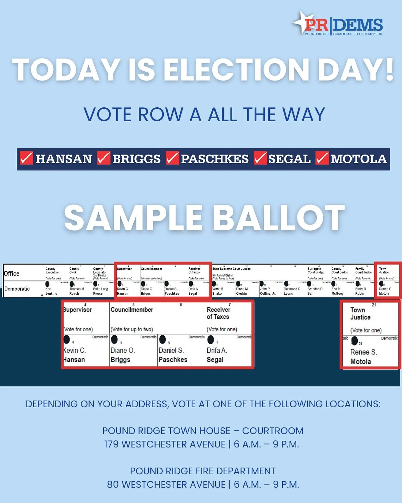 Your vote matters; let&rsquo;s keep Pound Ridge moving forward!

Voting Locations:
Depending on your address, vote at one of the following locations:

Pound Ridge Town House &ndash; Courtroom
179 Westchester Avenue | 6 a.m. &ndash; 9 p.m.

Pound Ridg
