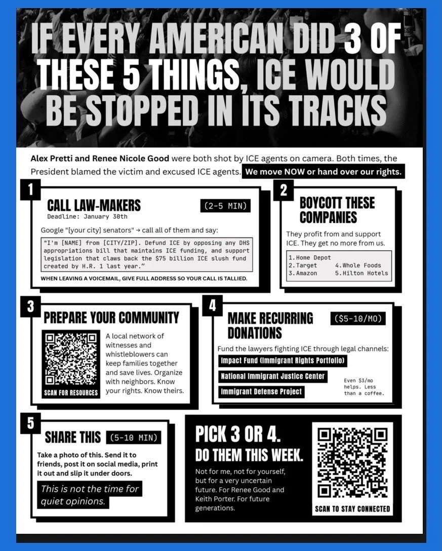 Friends, the antidote to fear is action! The horrors happening in our country right now may feel overwhelming, but together we can fight back! Here are actionable ways to prompt change. Pick three! It&rsquo;s easier than you think. Share this post an