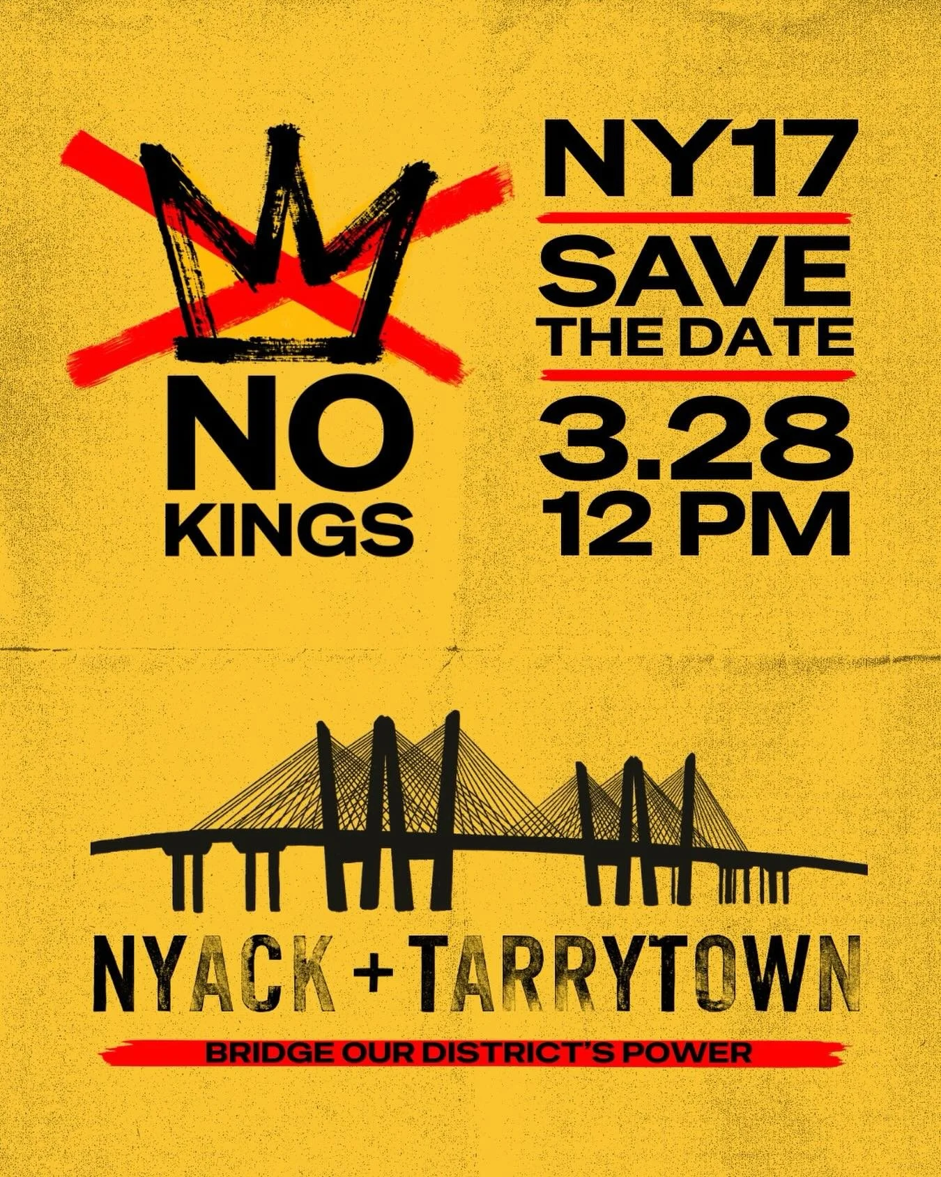 NO KINGS NY17 Saturday, March 28, 12Noon

On March 28 at noon, Northern Westchester Indivisible is joining forces with Indivisible Rockland and Plus One to host simultaneous NO KINGS sister rallies in Tarrytown and Nyack. We will gather on opposite s