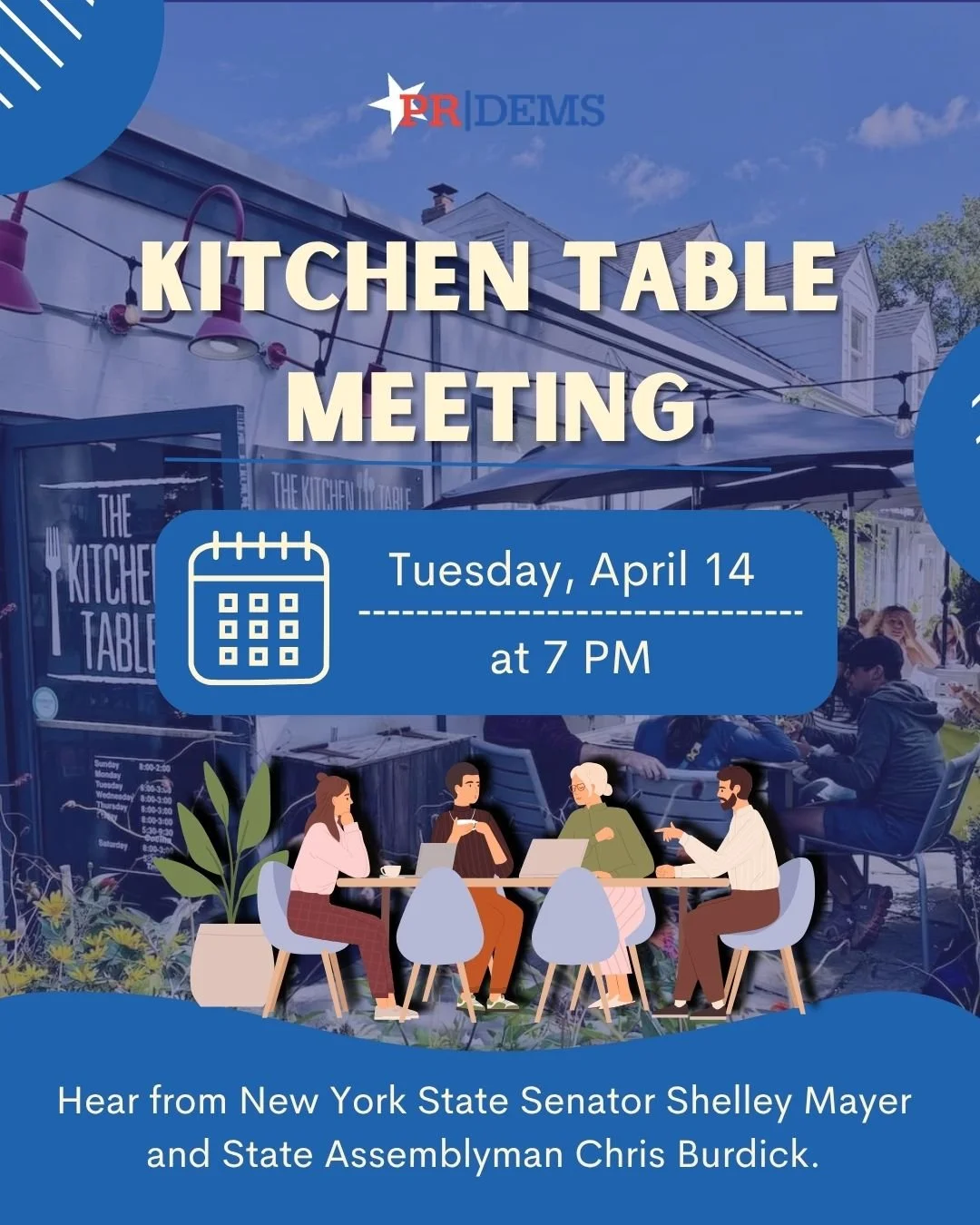 Join us Tuesday, April 14 at 7 PM at The Kitchen Table for our monthly meeting. 

Don't miss this opportunity to hear from New York State Senator Shelley Mayer, State Assemblyman Chris Burdick, and Pound Ridge leadership.

Come out for an evening of 