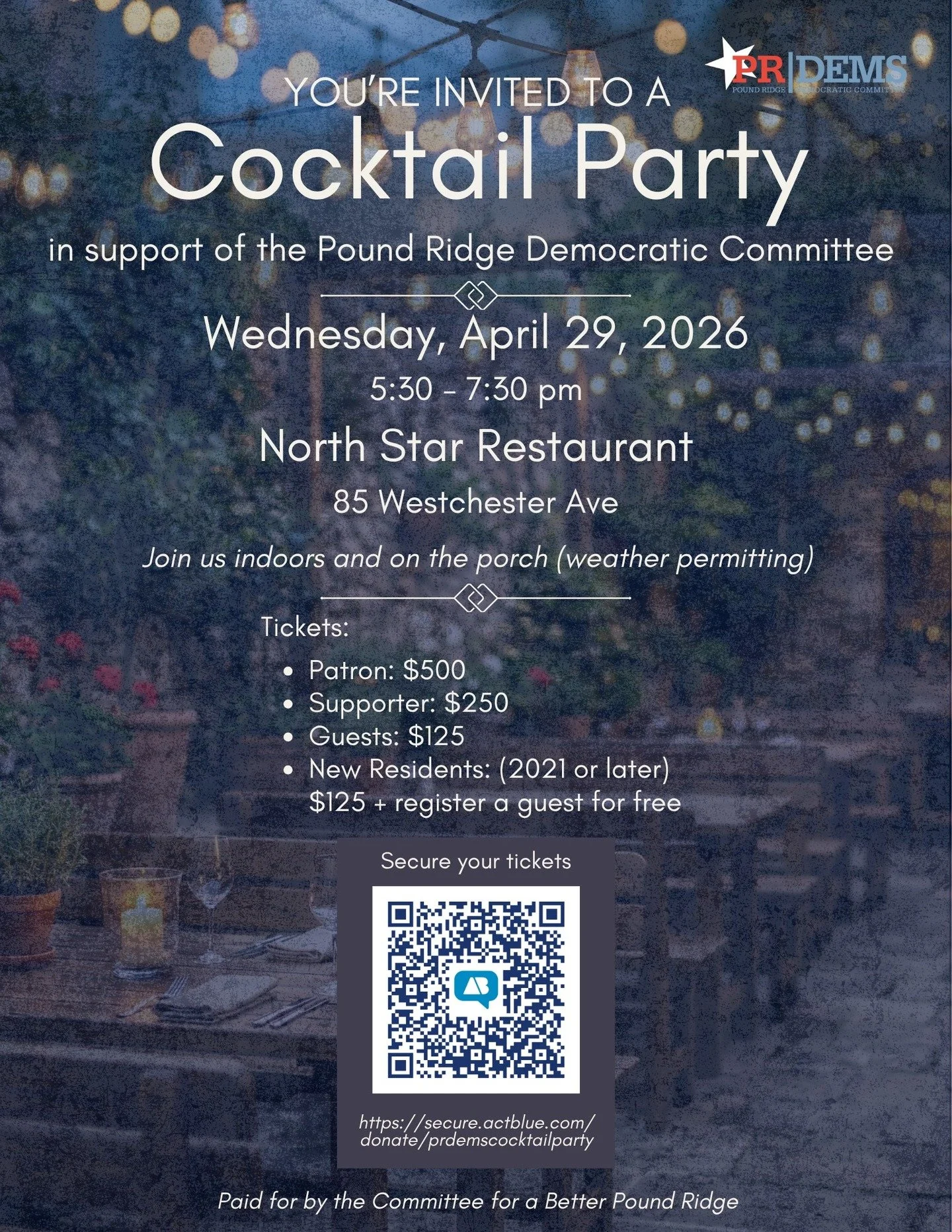 Please join us for an evening of cocktails, light bites, and community!

Date: Wednesday, April 29th
Time: 5:30 to 7:30 PM
Location: North Star, 85 Westchester Avenue, Pound Ridge

RSVP today!

Use the link in our story to purchase tickets.

#prdems
