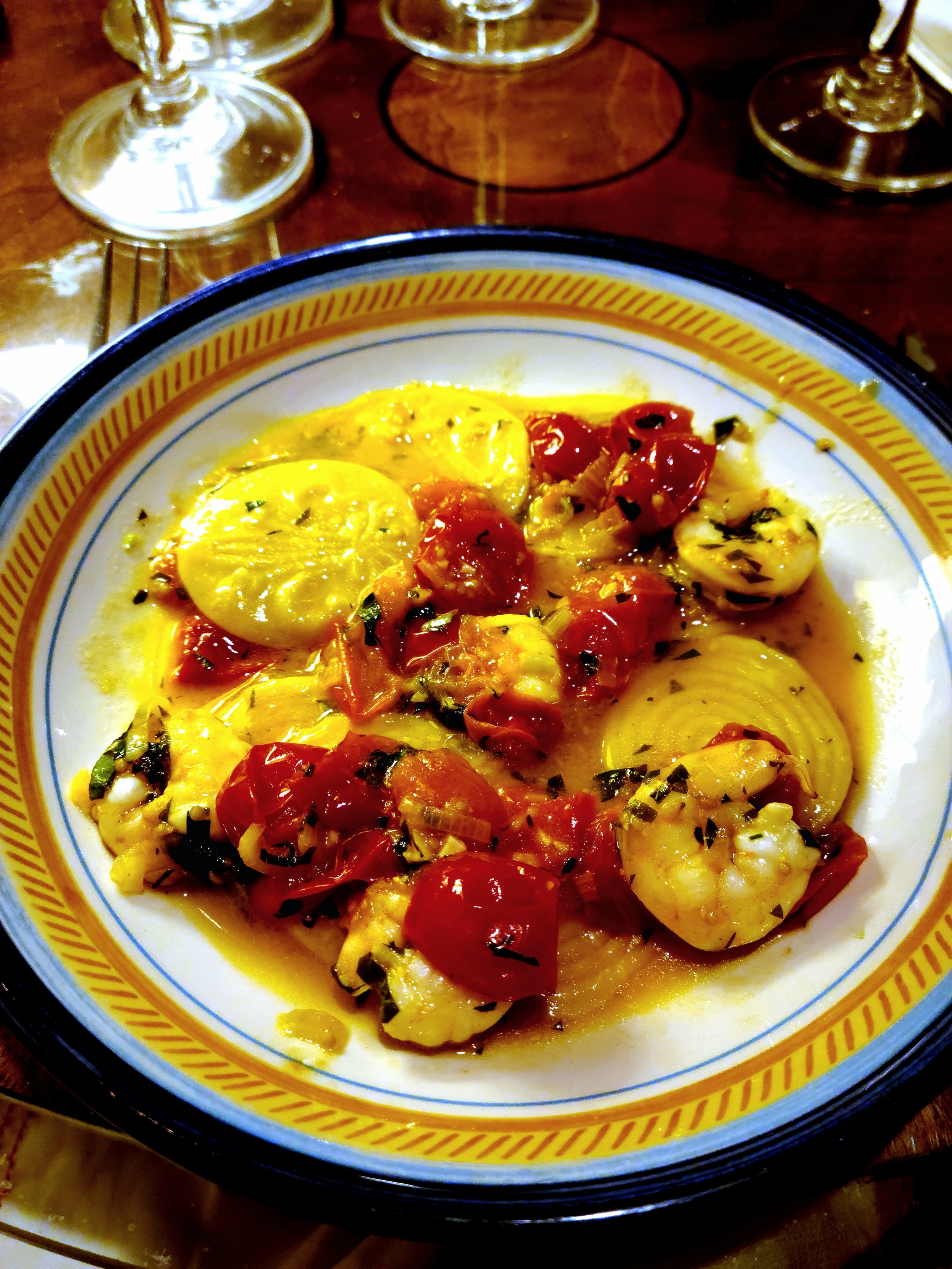Corzetti Pasta with Blistered Tomatoes and Shrimp